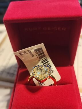 Kurt Geiger Gold Heart Ring with Clear and Blue Stones